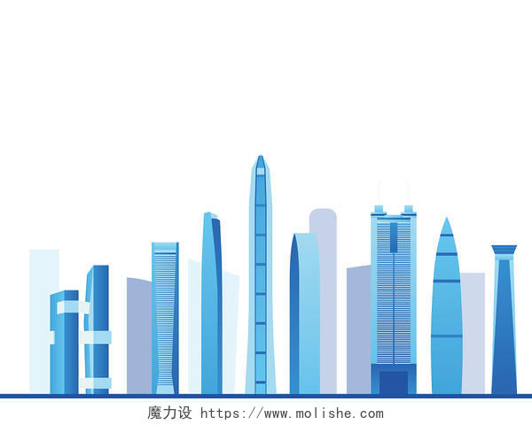 蓝色手绘简约上海城市建筑高楼大厦剪影元素PNG素材